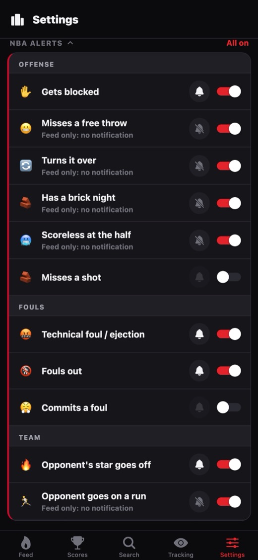 Hate Watch settings listing NBA alert types such as gets blocked, misses a free throw and technical foul, each with its own push toggle