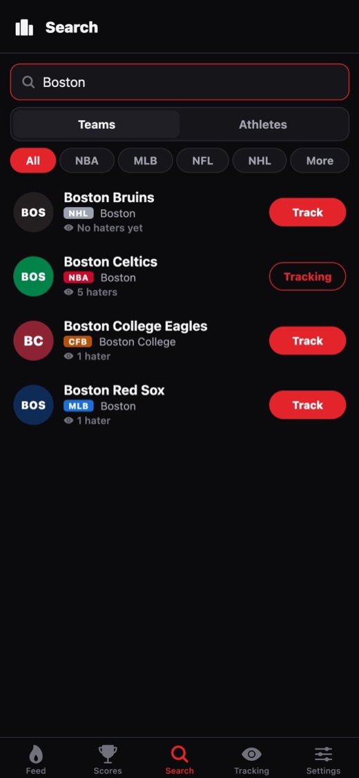 Hate Watch search screen listing four teams matching Boston, each with a Track button and a count of how many people root against them