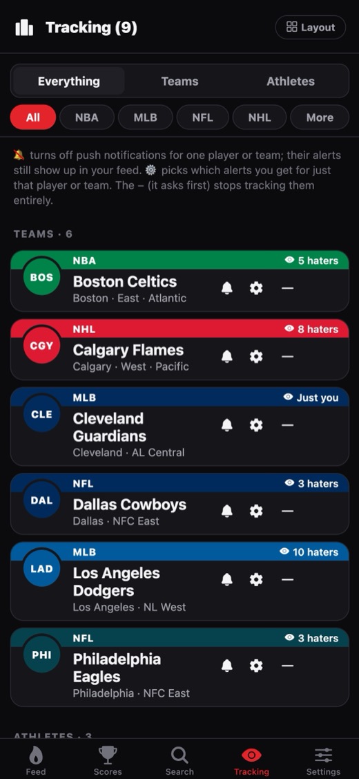 Hate Watch Tracking screen showing six tracked teams across NBA, NHL, MLB and NFL, each with a hater count and alert controls