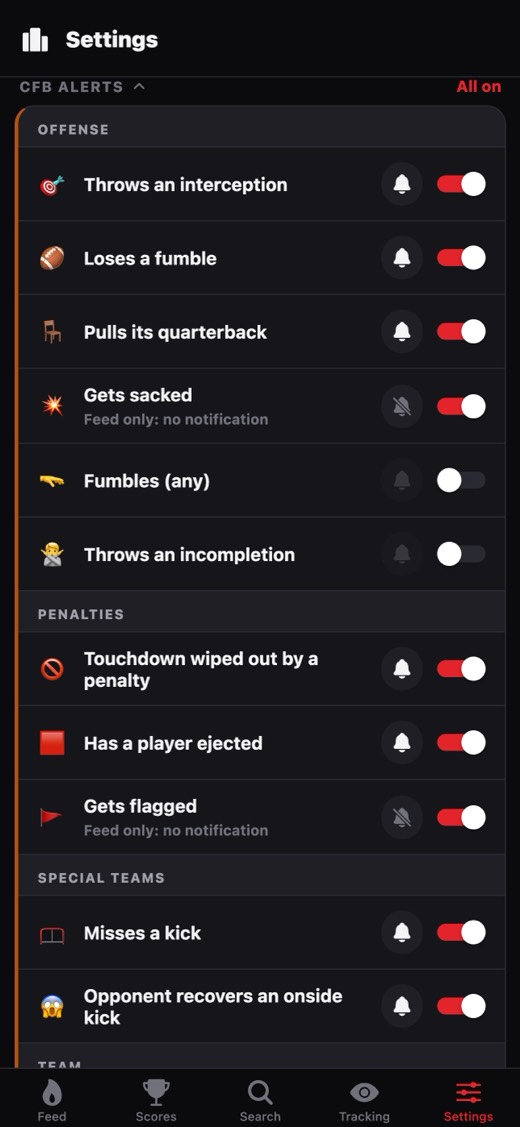 Hate Watch settings listing college football alert types such as throws an interception, loses a fumble and pulls its quarterback, each with its own push toggle