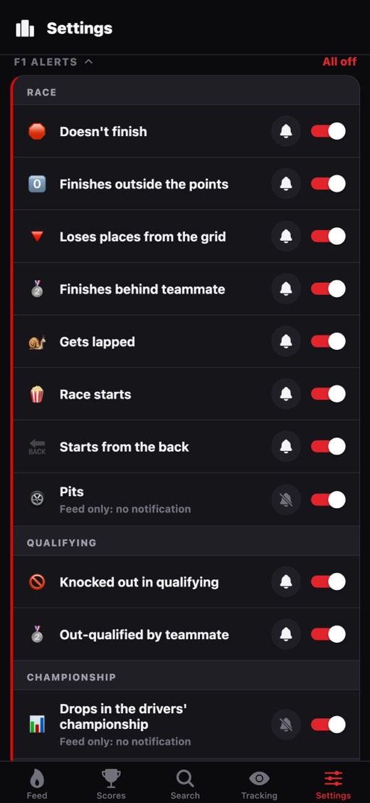 Hate Watch settings listing Formula 1 alert types such as doesn't finish, finishes outside the points, loses places from the grid and gets lapped, each with its own push toggle