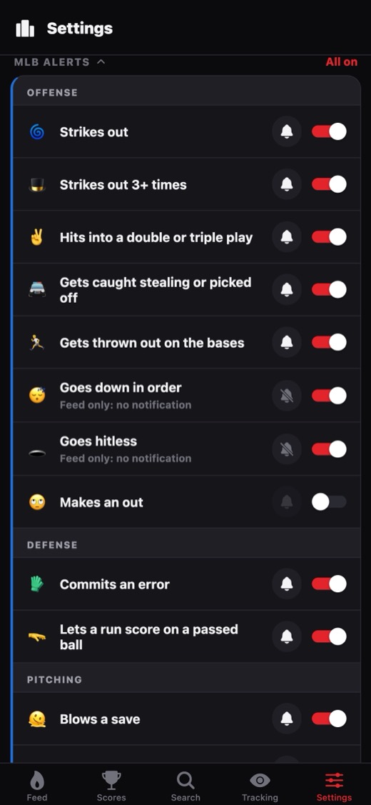 Hate Watch settings listing MLB alert types such as strikes out, hits into a double play and commits an error, each with its own push toggle