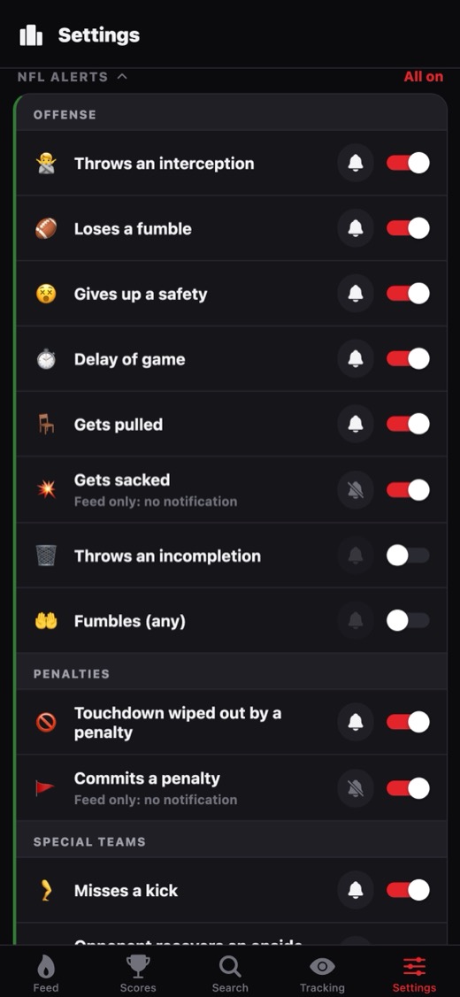 Hate Watch settings listing NFL alert types such as throws an interception, loses a fumble and gets pulled, each with its own push toggle