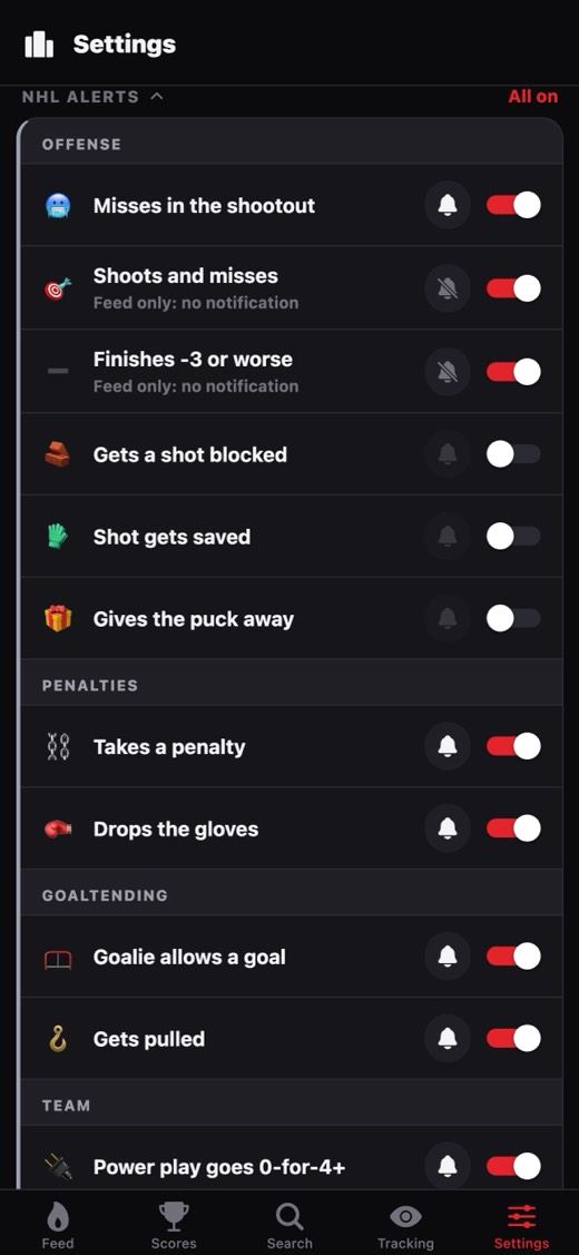 Hate Watch settings listing NHL alert types such as misses in the shootout, takes a penalty, drops the gloves and goalie allows a goal, each with its own push toggle