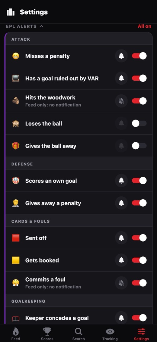 Hate Watch settings listing Premier League alert types such as misses a penalty, goal ruled out by VAR, scores an own goal and sent off, each with its own push toggle