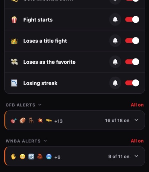 Hate Watch settings listing UFC alert types such as loses a fight, gets knocked down, fight starts and loses as the favorite, each with its own push toggle